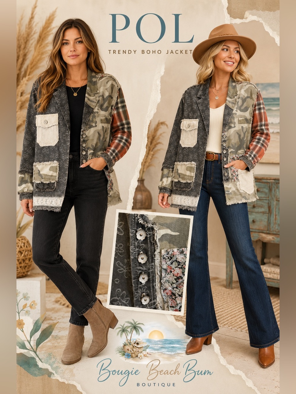 POL Mixed Patchwork Military Jacket - Olive Camo, Charcoal & Rust Plaid